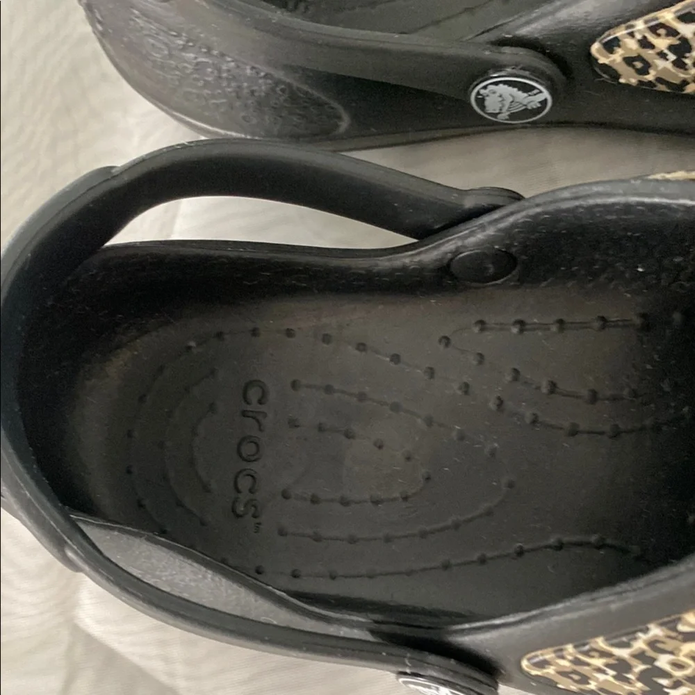 CROCS Black and Leopard Print Sandals